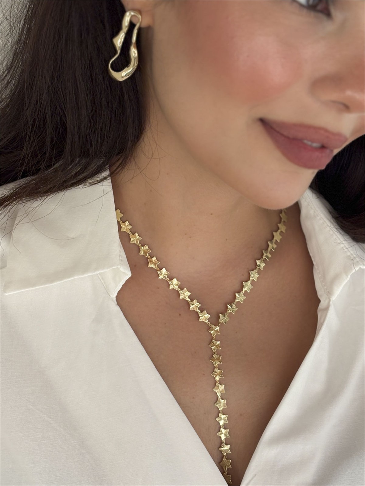 Lazer Kesim Yıldız Sıralı Y Model Gold Kolye