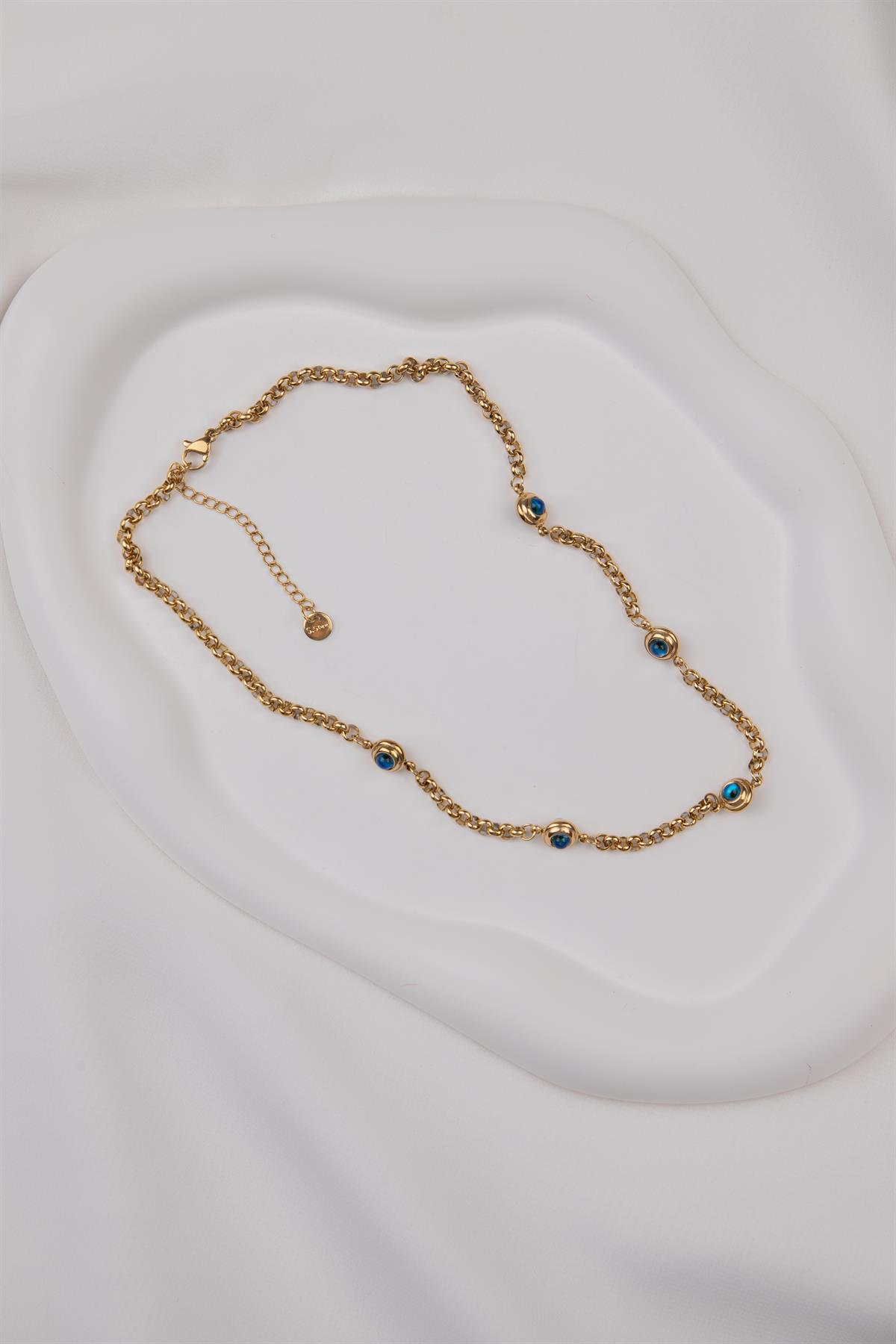 Nazar Sıralı Gold Çelik Kolye