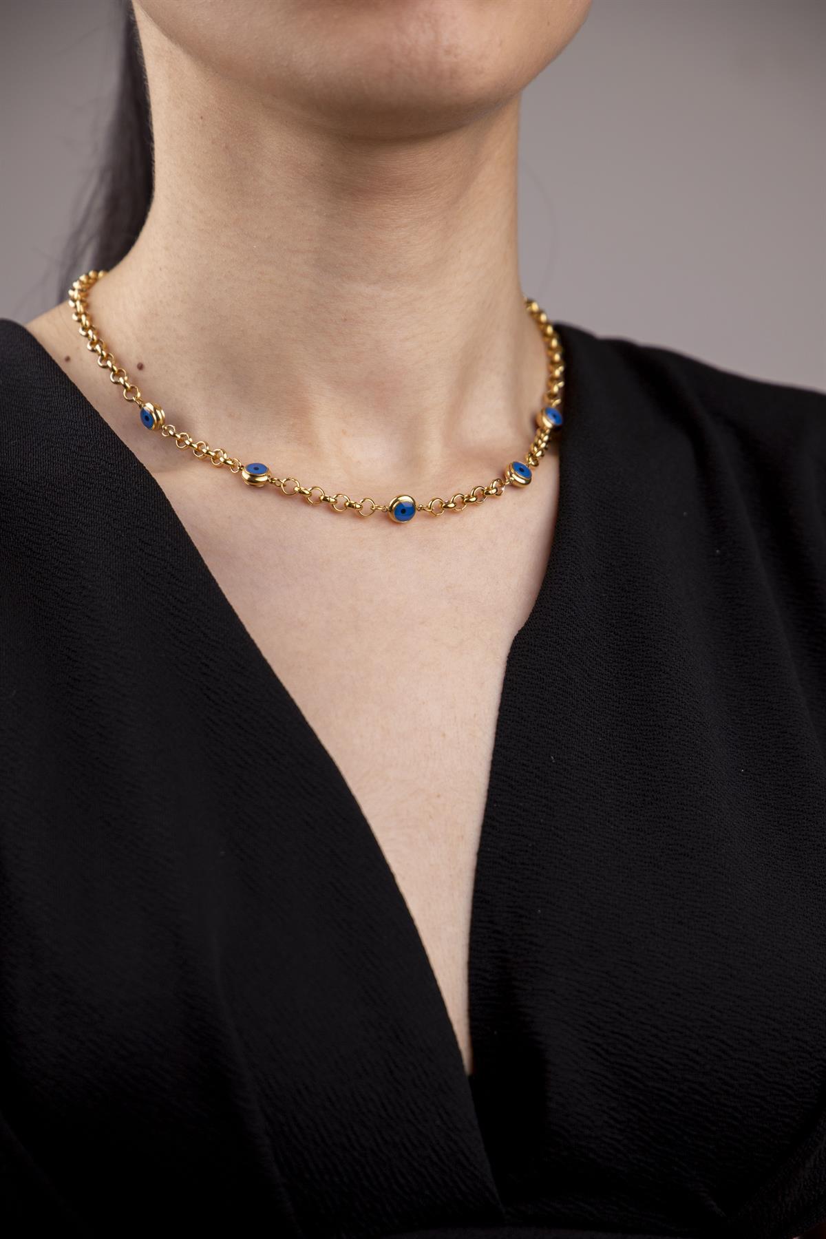 Nazar Sıralı Gold Çelik Kolye