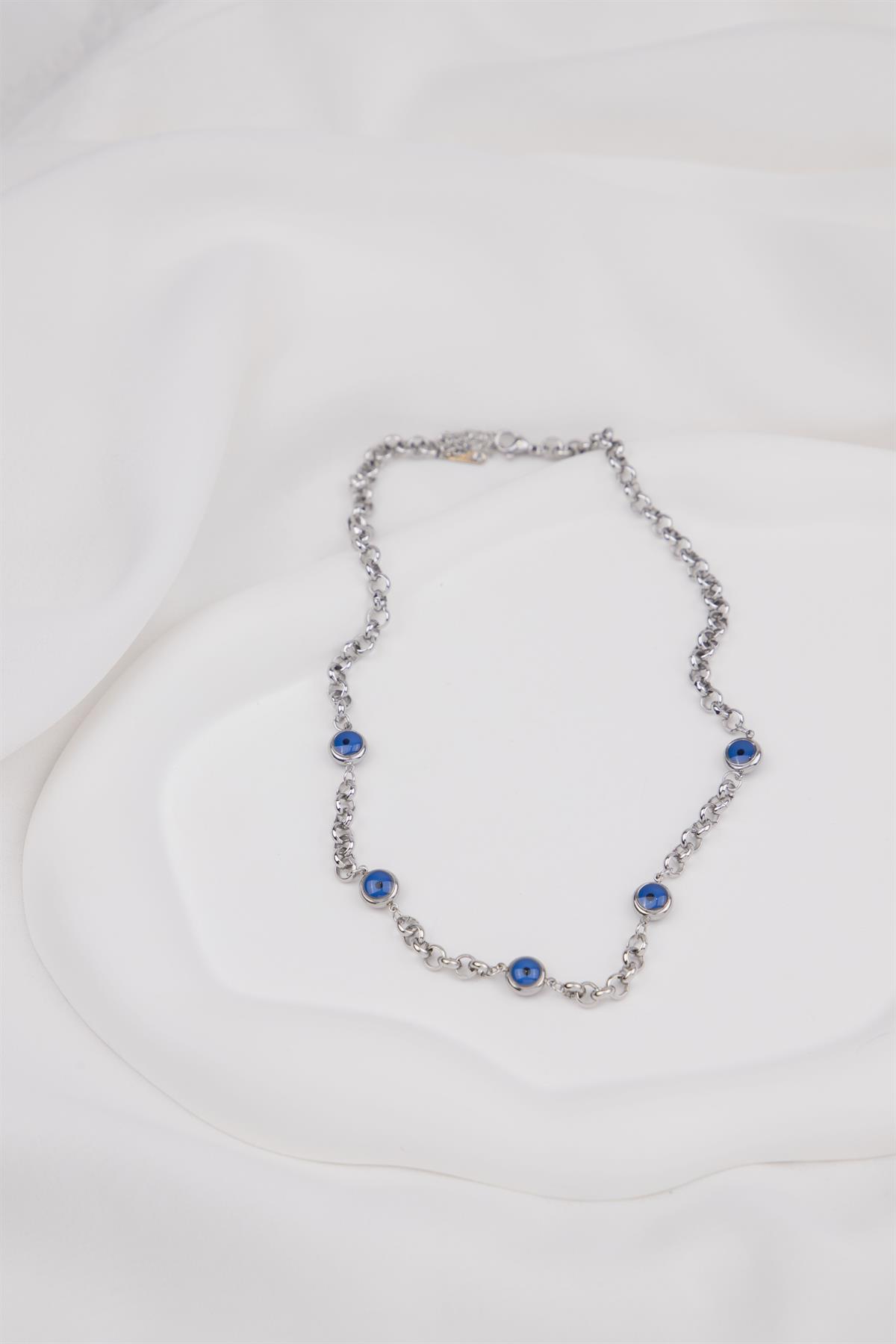 Nazar Sıralı Gümüş Çelik Kolye