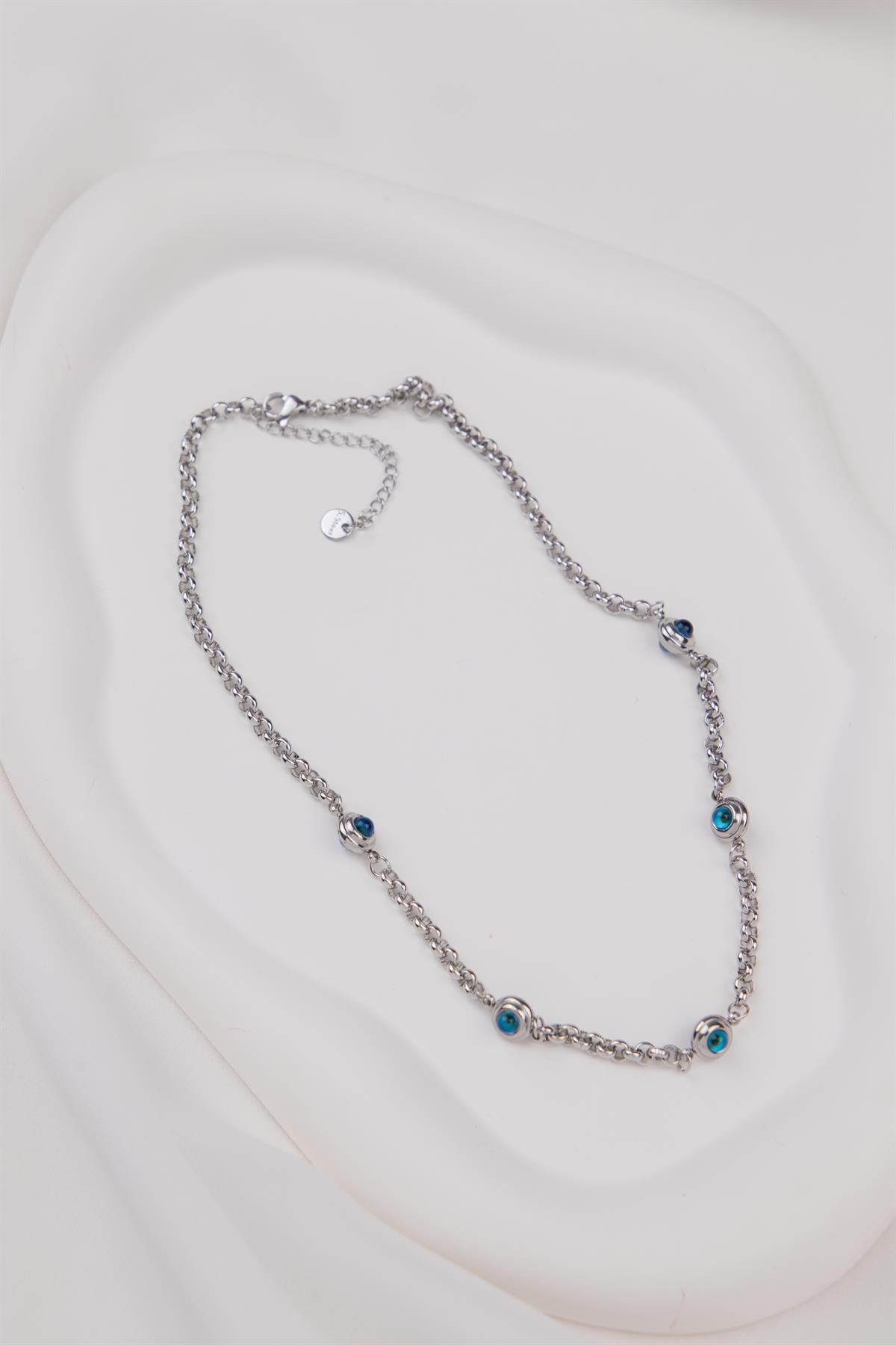 Nazar Sıralı Gümüş Çelik Kolye