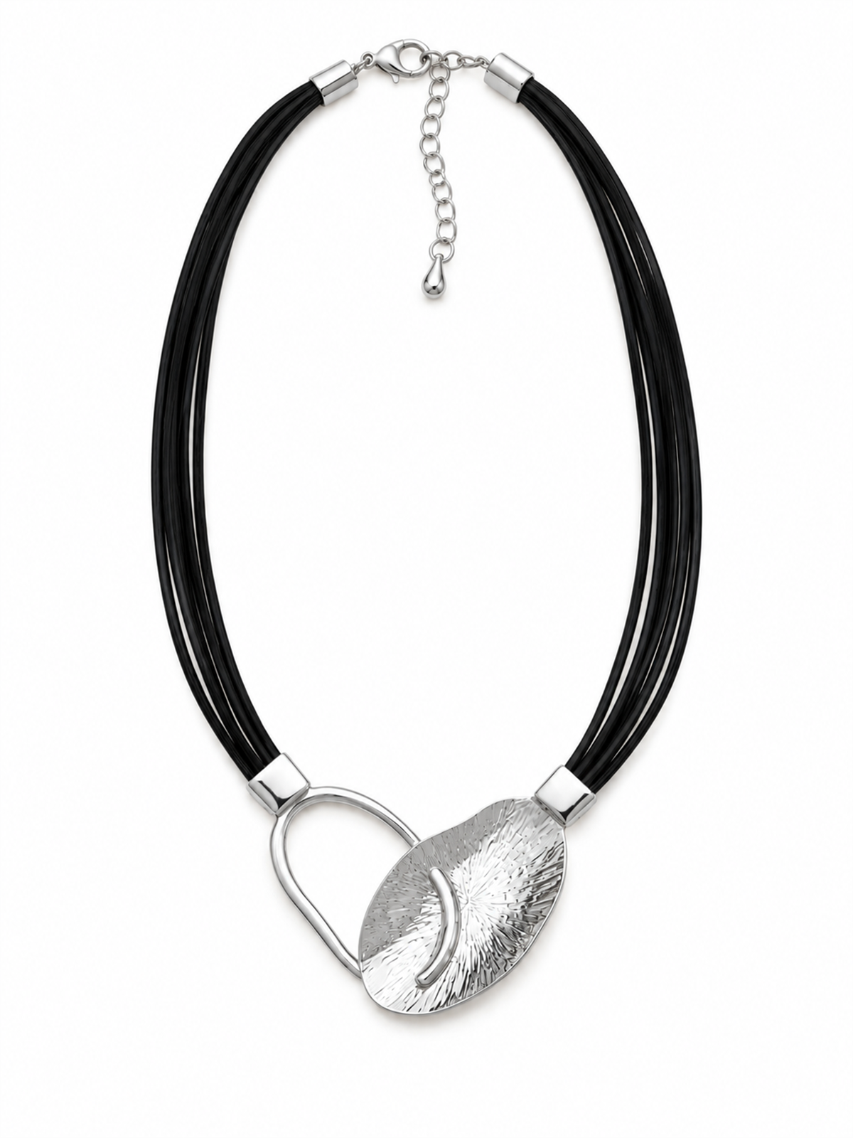 Oval Asimetrik Mat Silver Deri İp Kolye