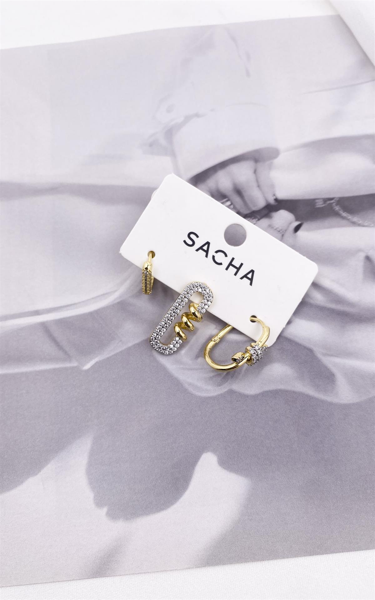 Oval Formlu Zirkon Taşlı Gold Gümüş Set Küpe