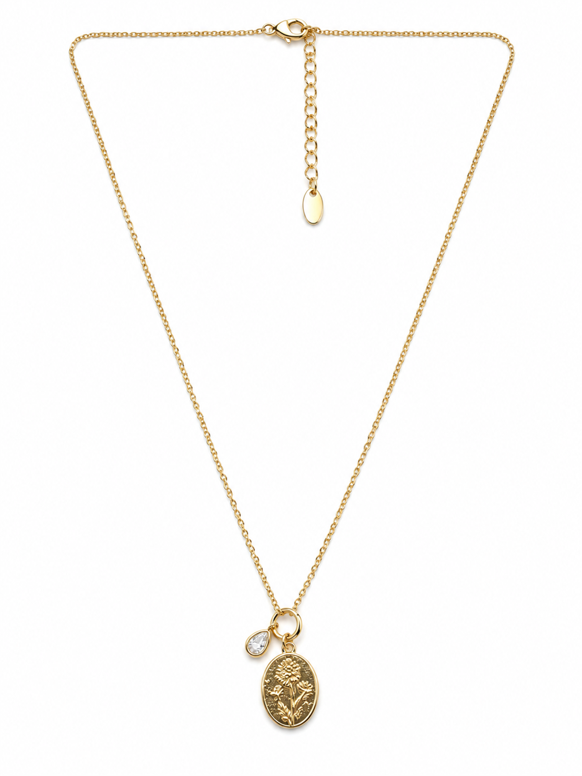 Oval Plaka Çiçek Desenli Gold Kolye