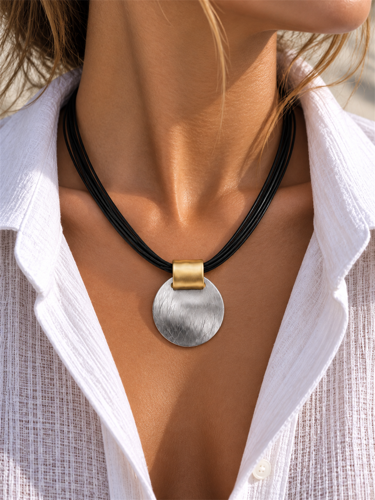 Oval Plaka Gold Silver Deri İp Kolye