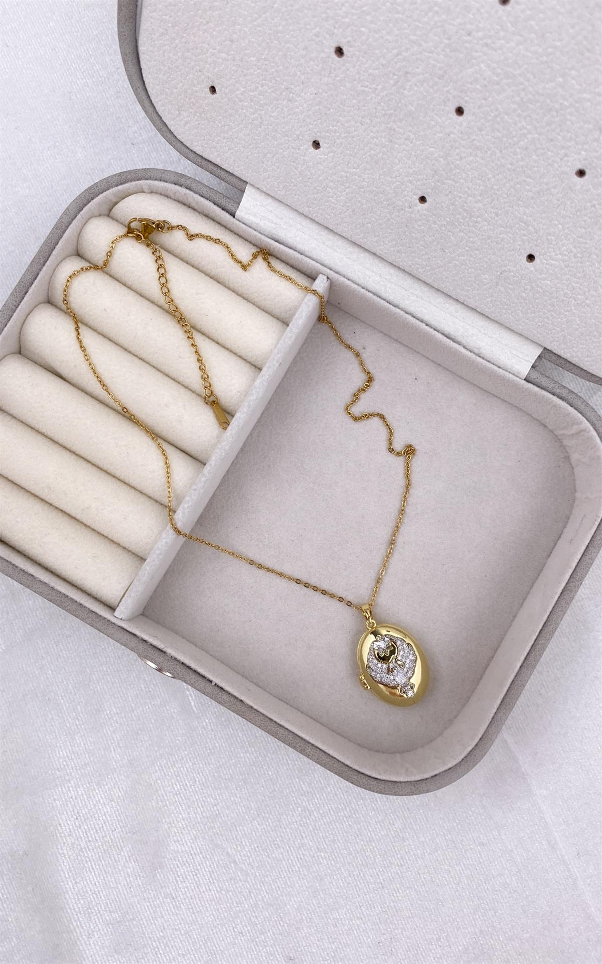 Oval Plaka Üzeri Kuş Desenli Gold Gümüş Kapaklı Çelik Kolye