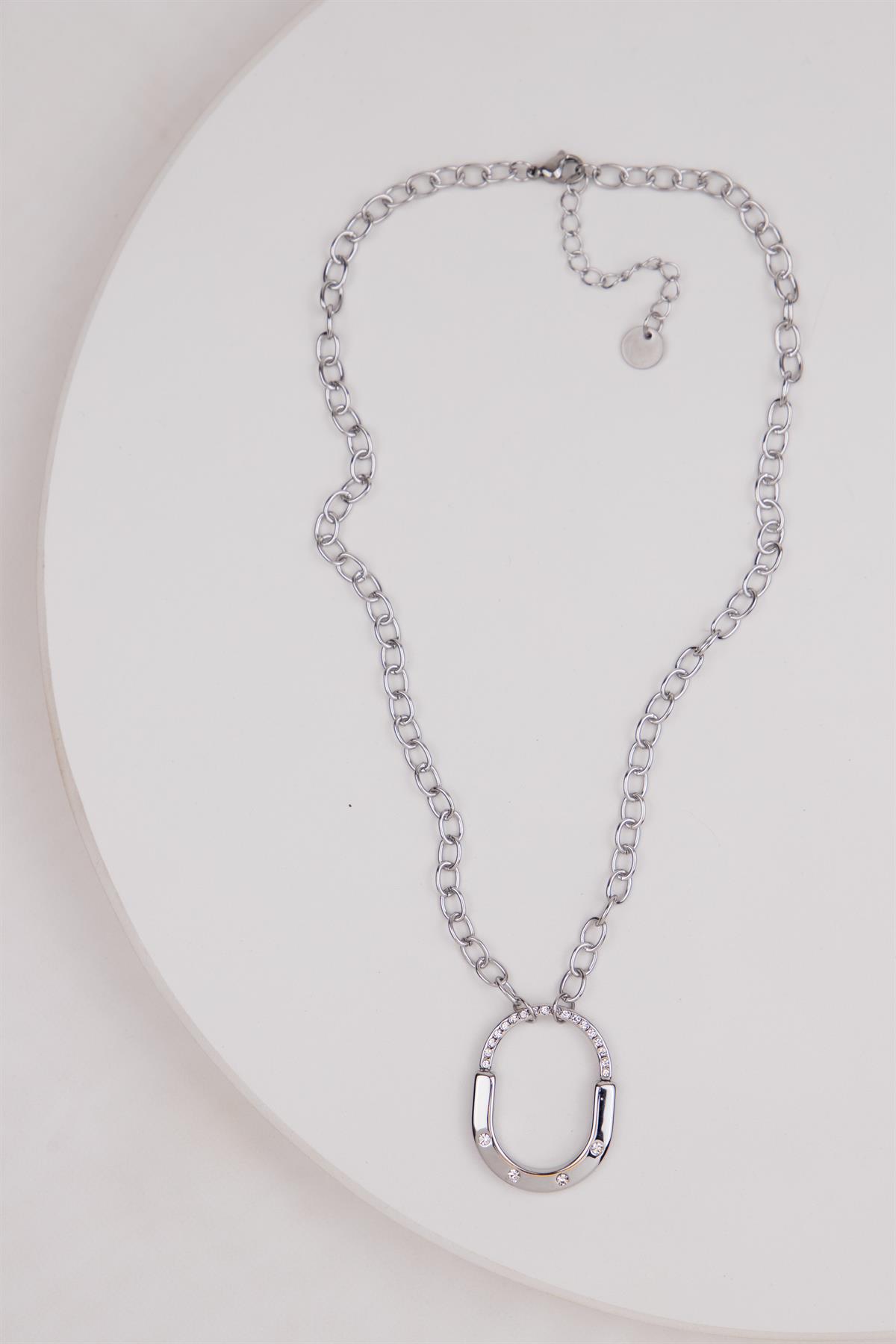 Oval Taşlı Gümüş Çelik Kolye