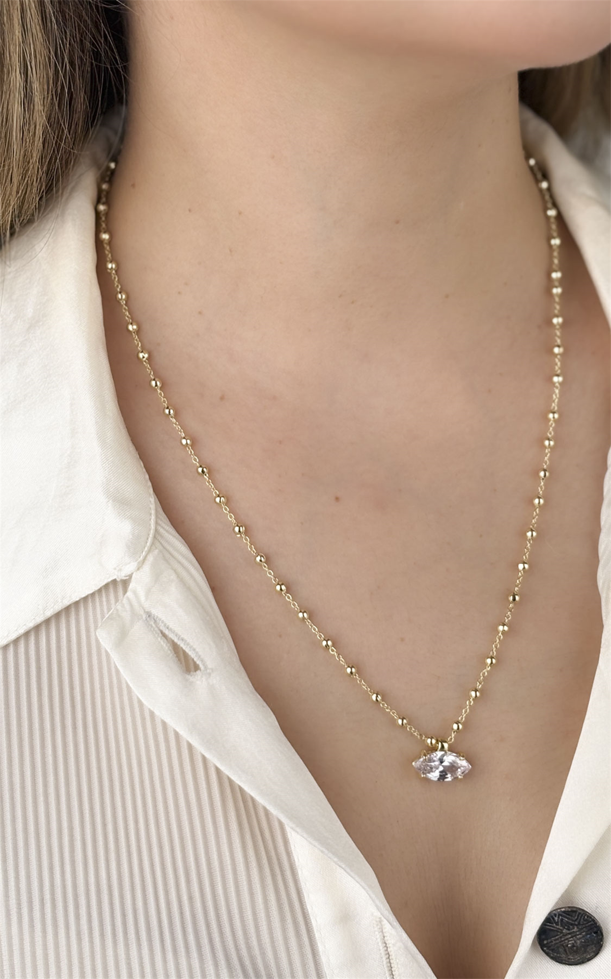 Oval Taşlı Topçuk Zincir Kolye