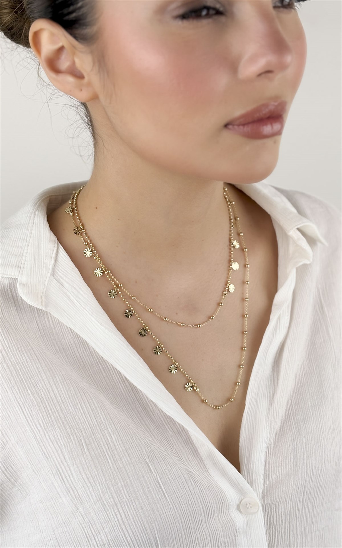 Pul Sıralı Topçuklu Zincir Kolye