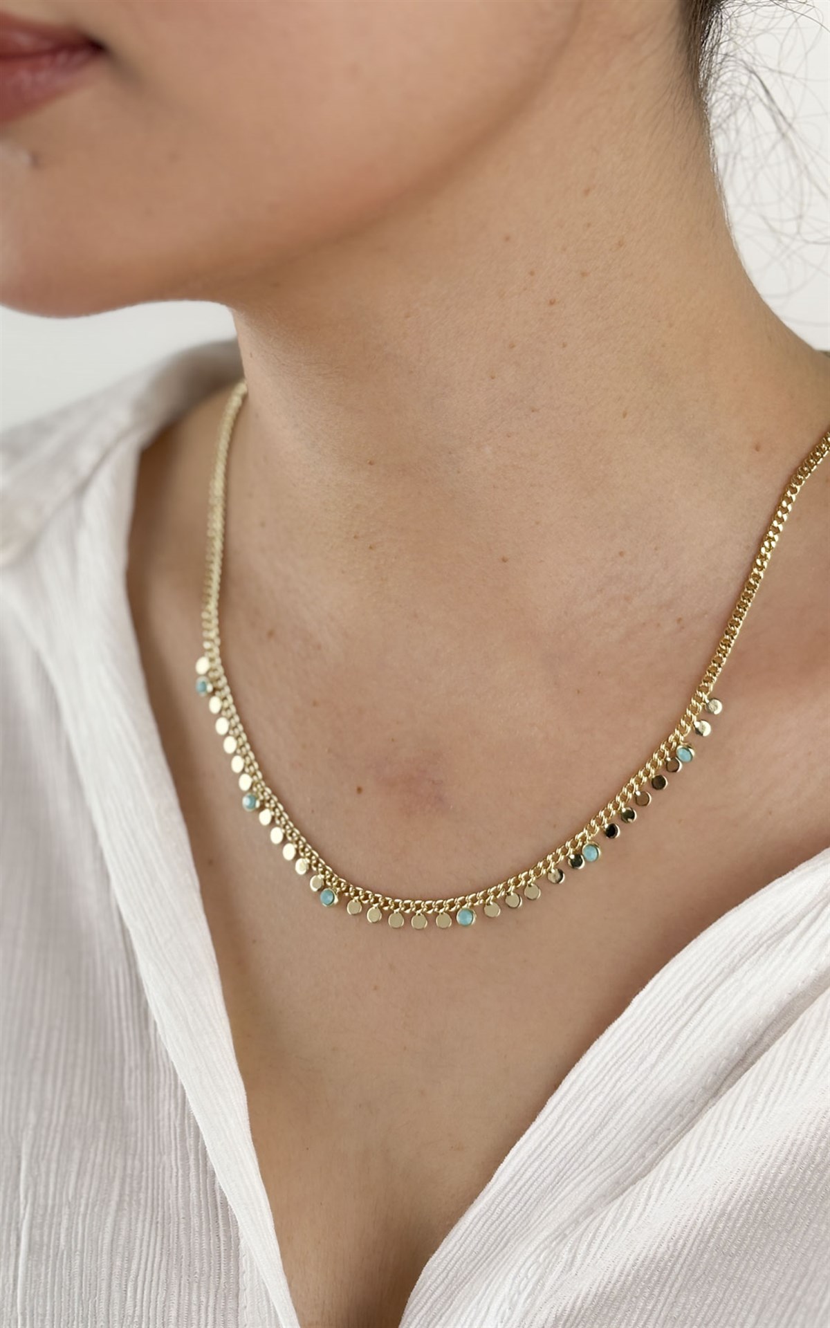 Pul ve Mavi Mine Sıralı Kolye