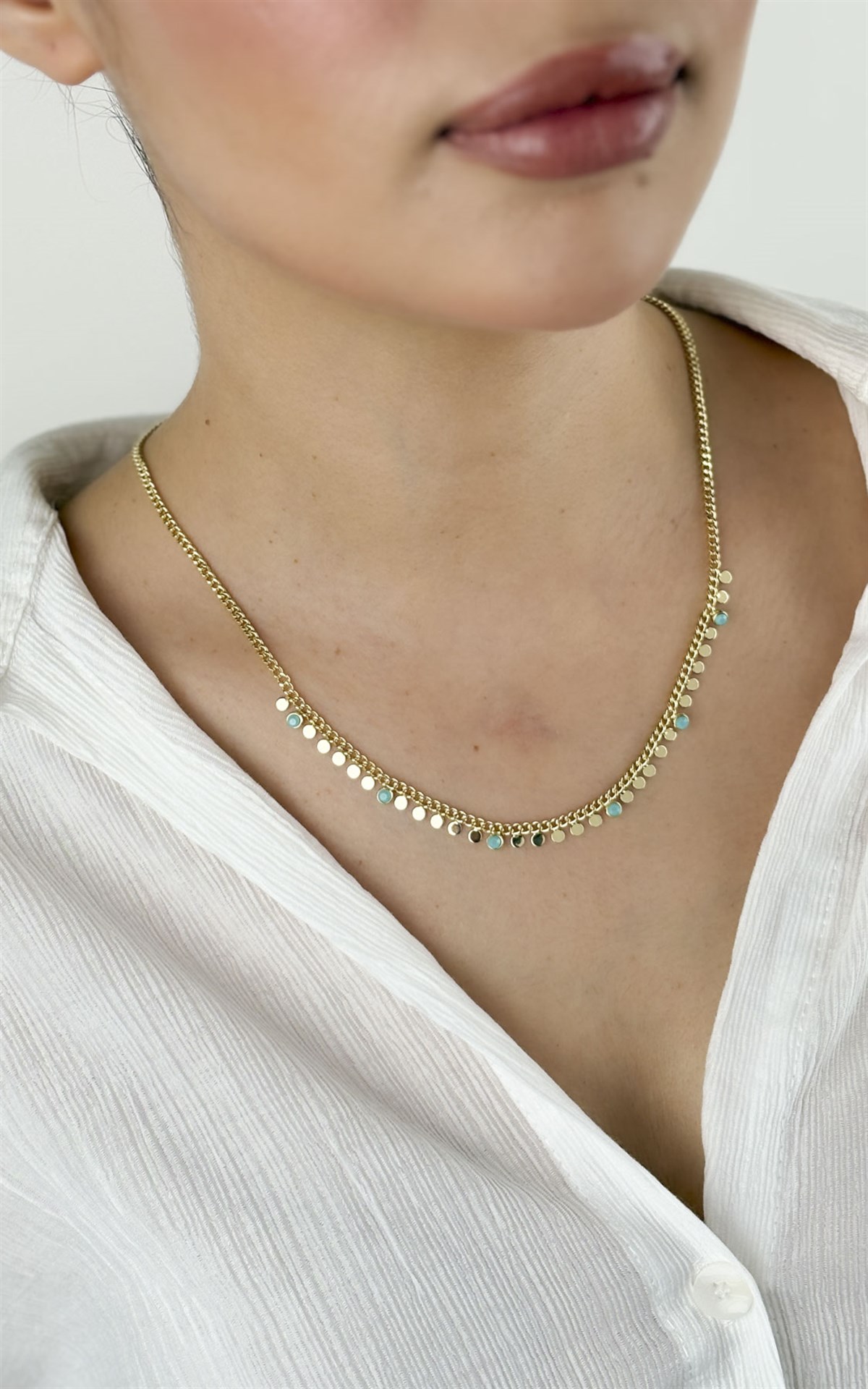 Pul ve Mavi Mine Sıralı Kolye