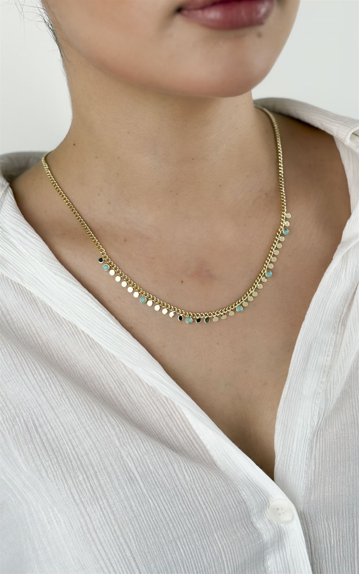 Pul ve Mavi Mine Sıralı Kolye