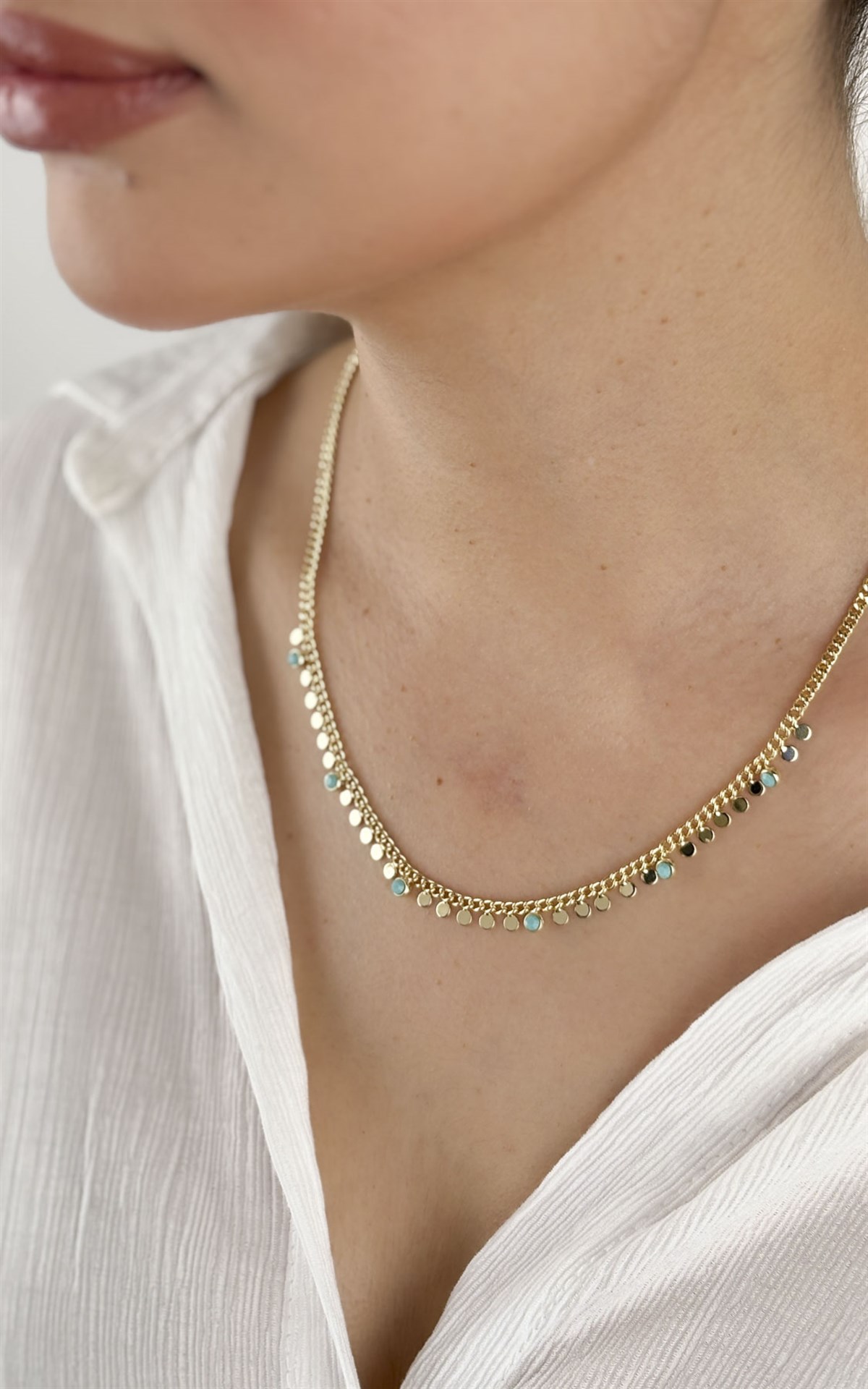 Pul ve Mavi Mine Sıralı Kolye