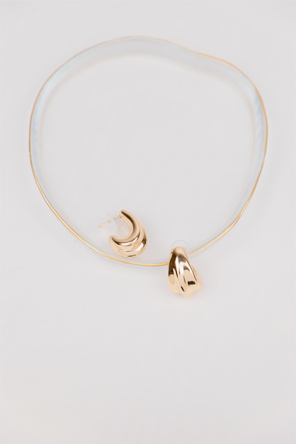 Şerit Bombeli Gold Yarım Halka Küpe