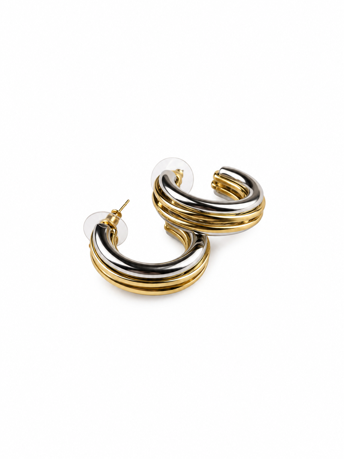 Sıralı Görünümlü Gold Silver Yarım Halka Küpe