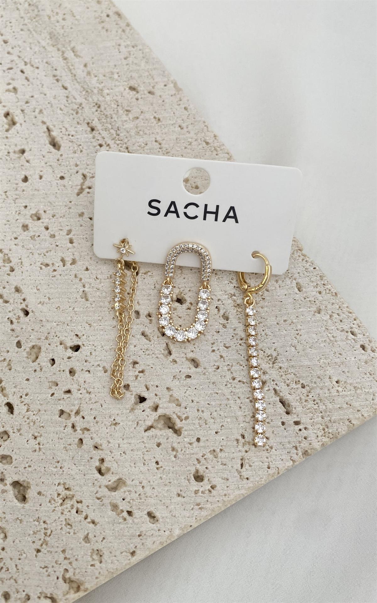 Taşlı Gold Set Küpe