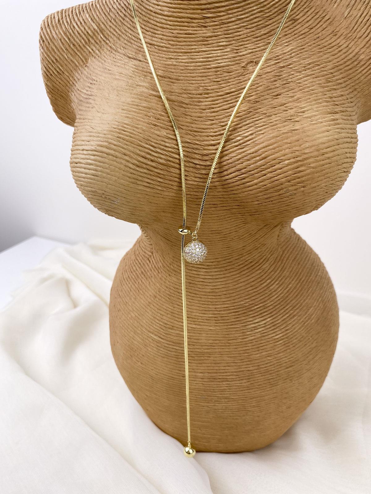 Topçuk Figürlü Taşlı Yılan Zincirli Gold Y Kolye