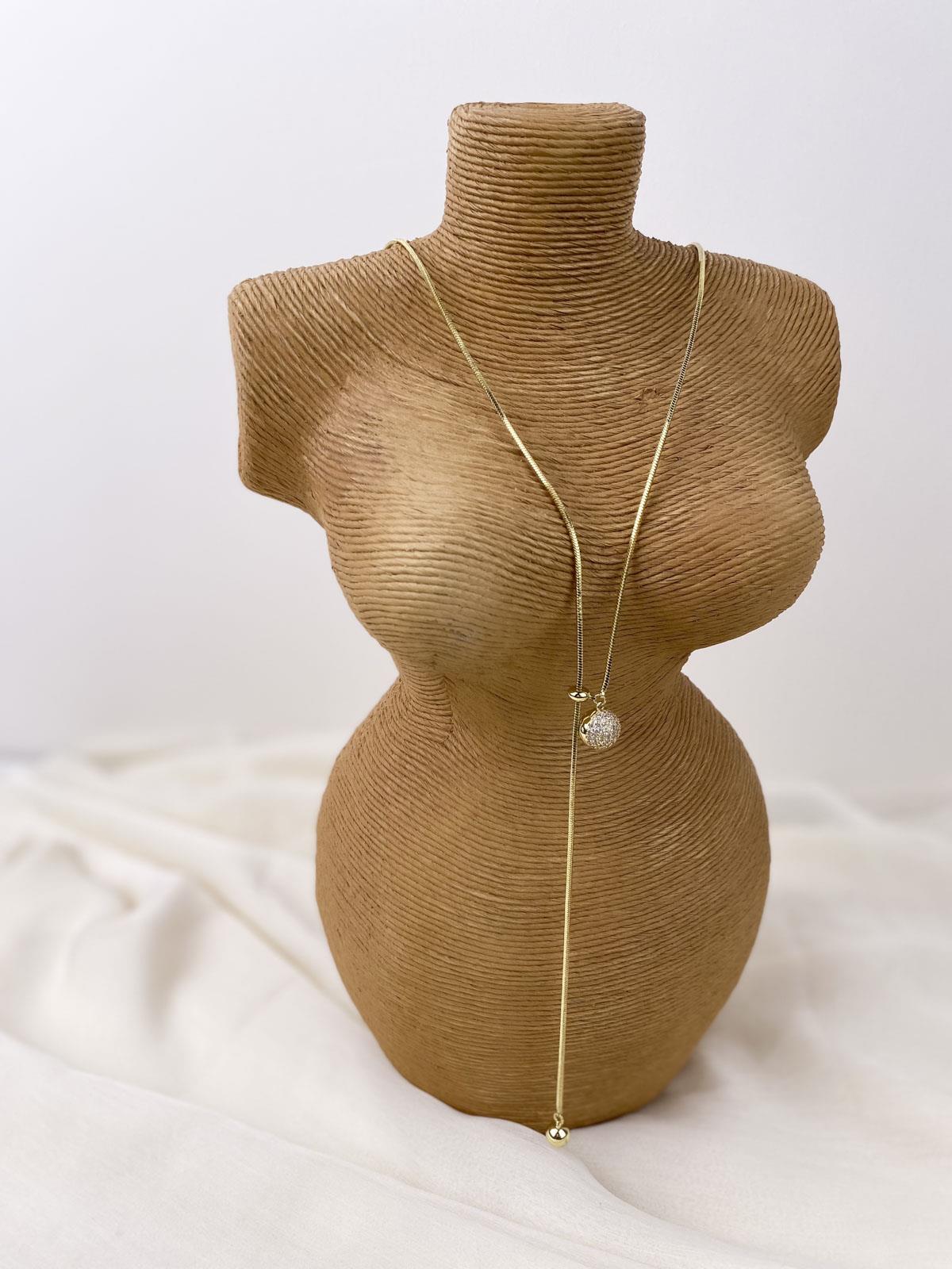 Topçuk Figürlü Taşlı Yılan Zincirli Gold Y Kolye