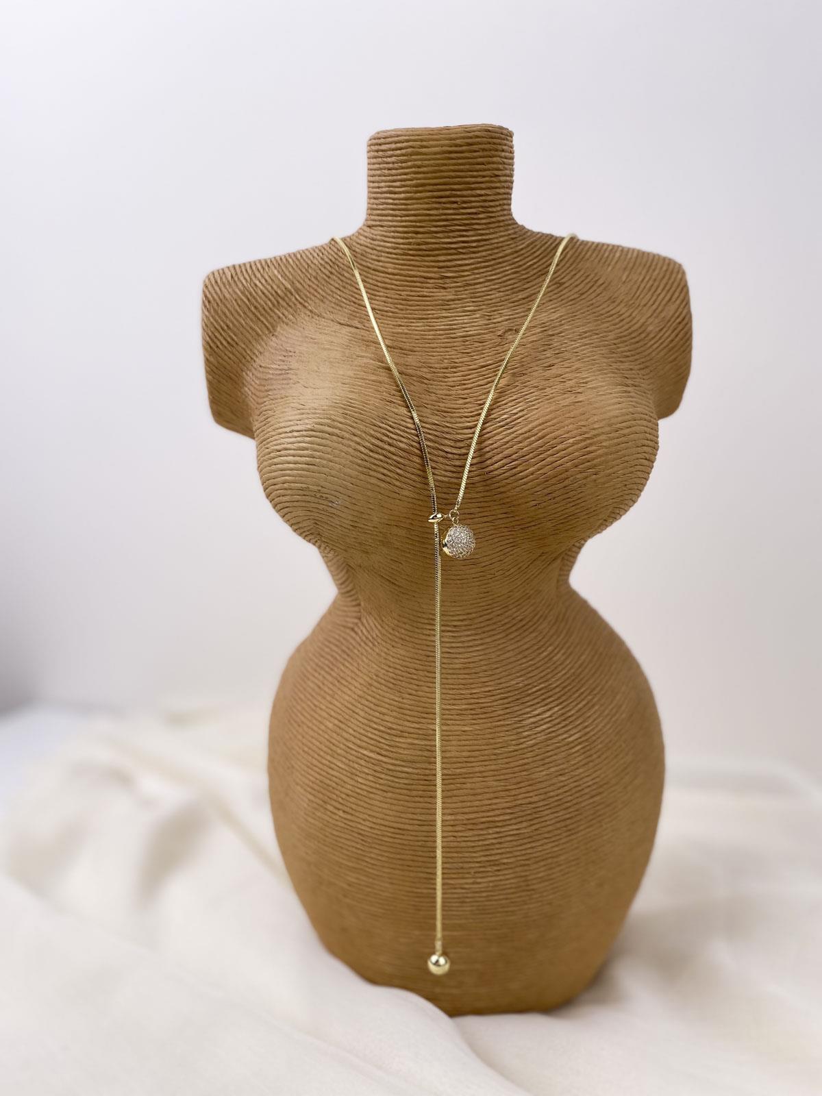 Topçuk Figürlü Taşlı Yılan Zincirli Gold Y Kolye