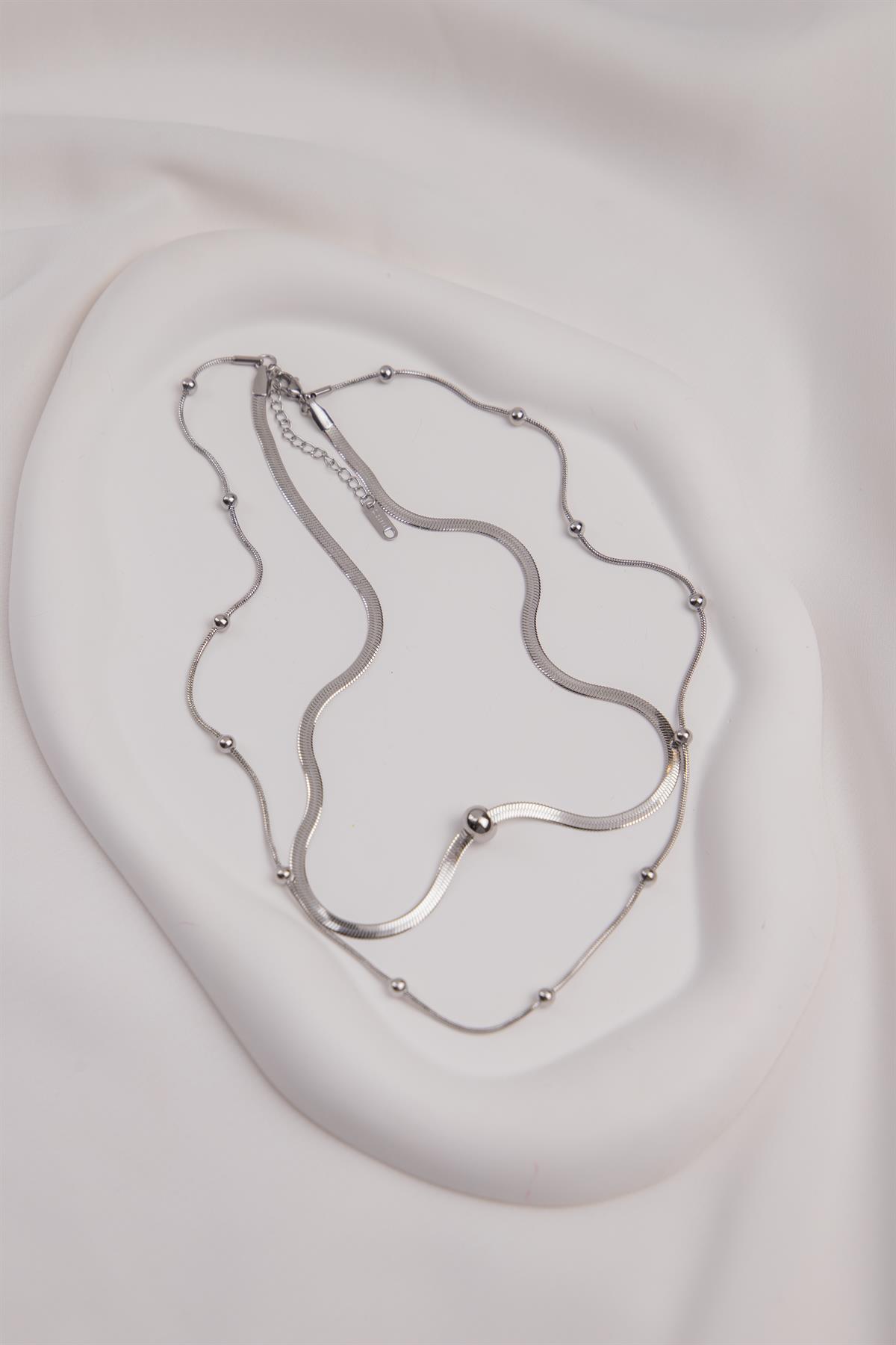 Topçuk ve İtalyan Zincirli Çift Sıra Gümüş Çelik Kolye