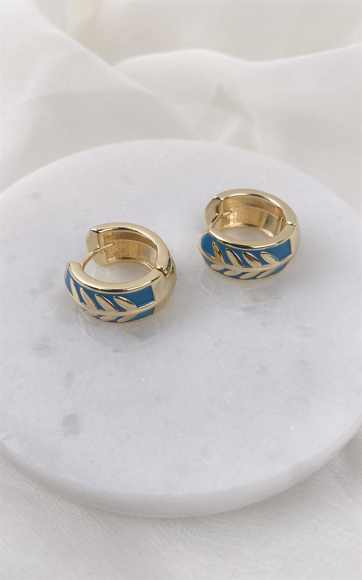 Yaprak Desenli Turkuaz Gold Halka Küpe