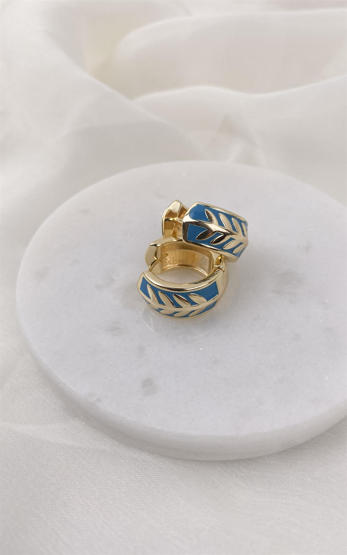 Yaprak Desenli Turkuaz Gold Halka Küpe