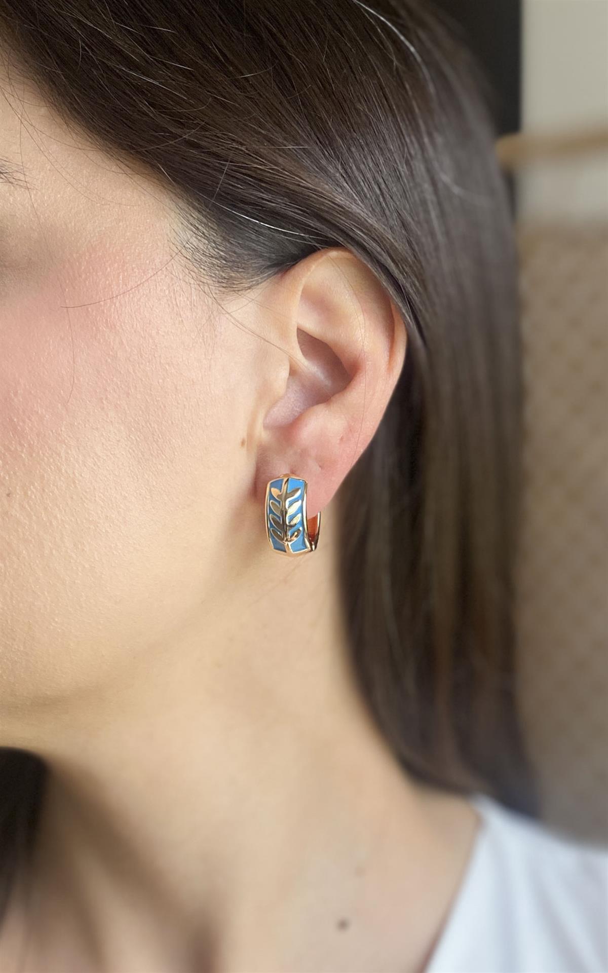 Yaprak Desenli Turkuaz Gold Halka Küpe