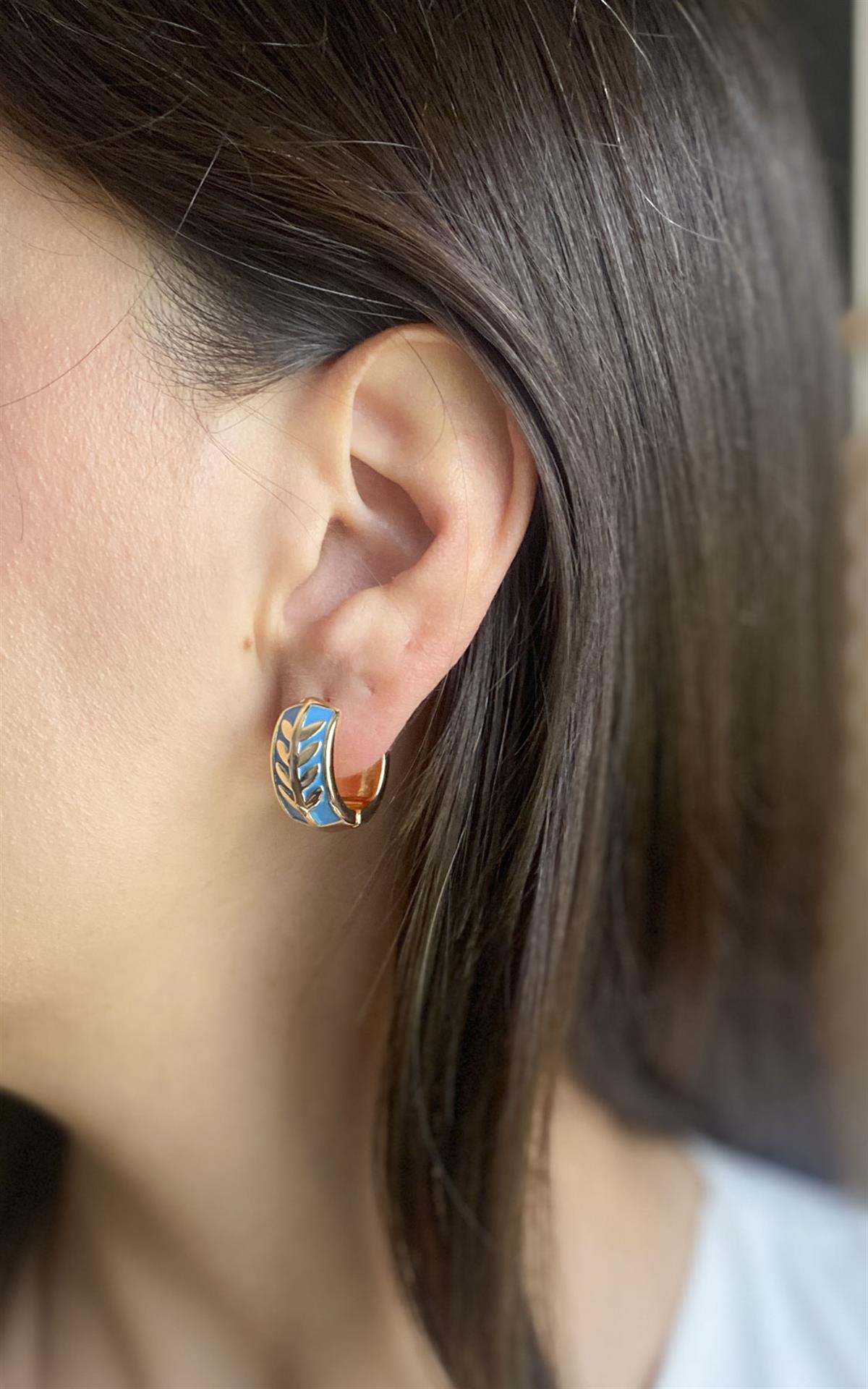 Yaprak Desenli Turkuaz Gold Halka Küpe