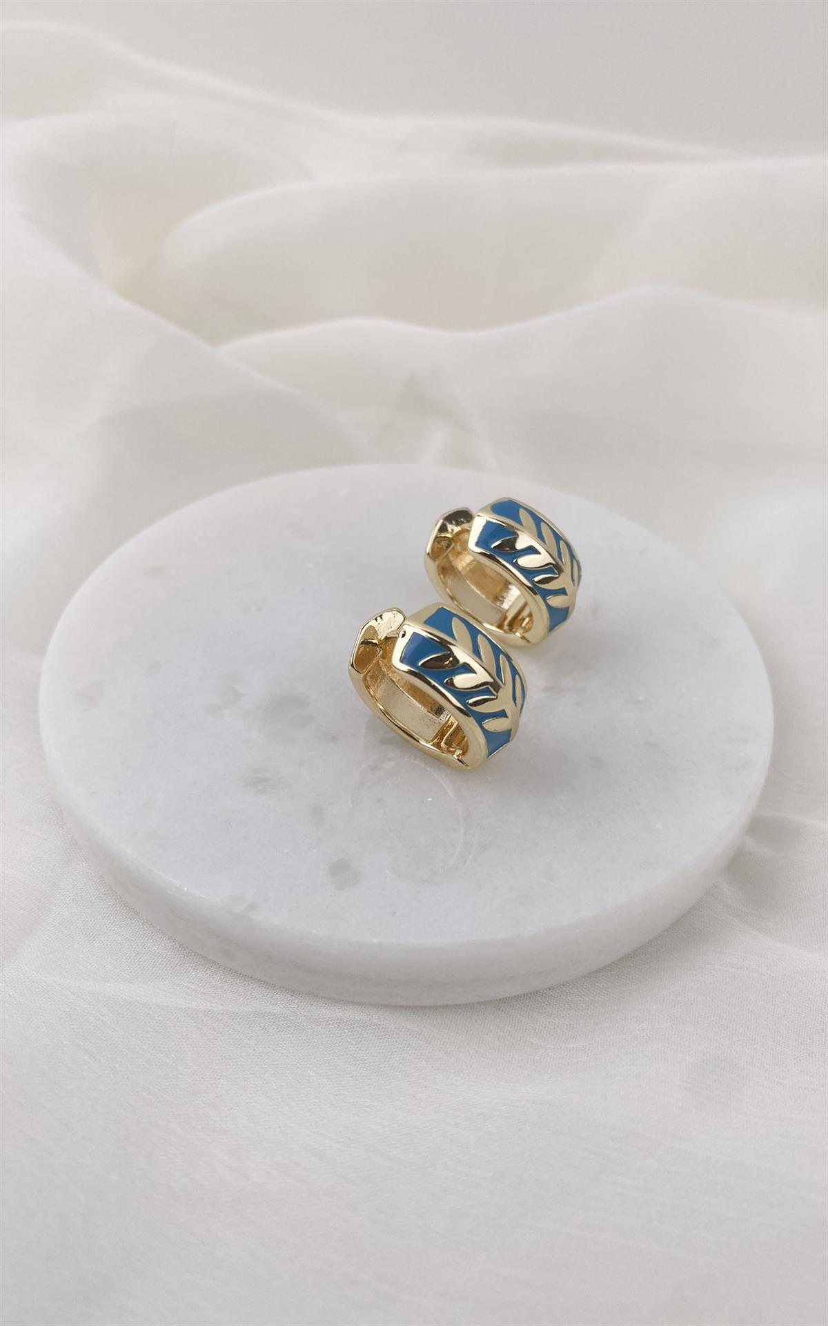 Yaprak Desenli Turkuaz Gold Halka Küpe