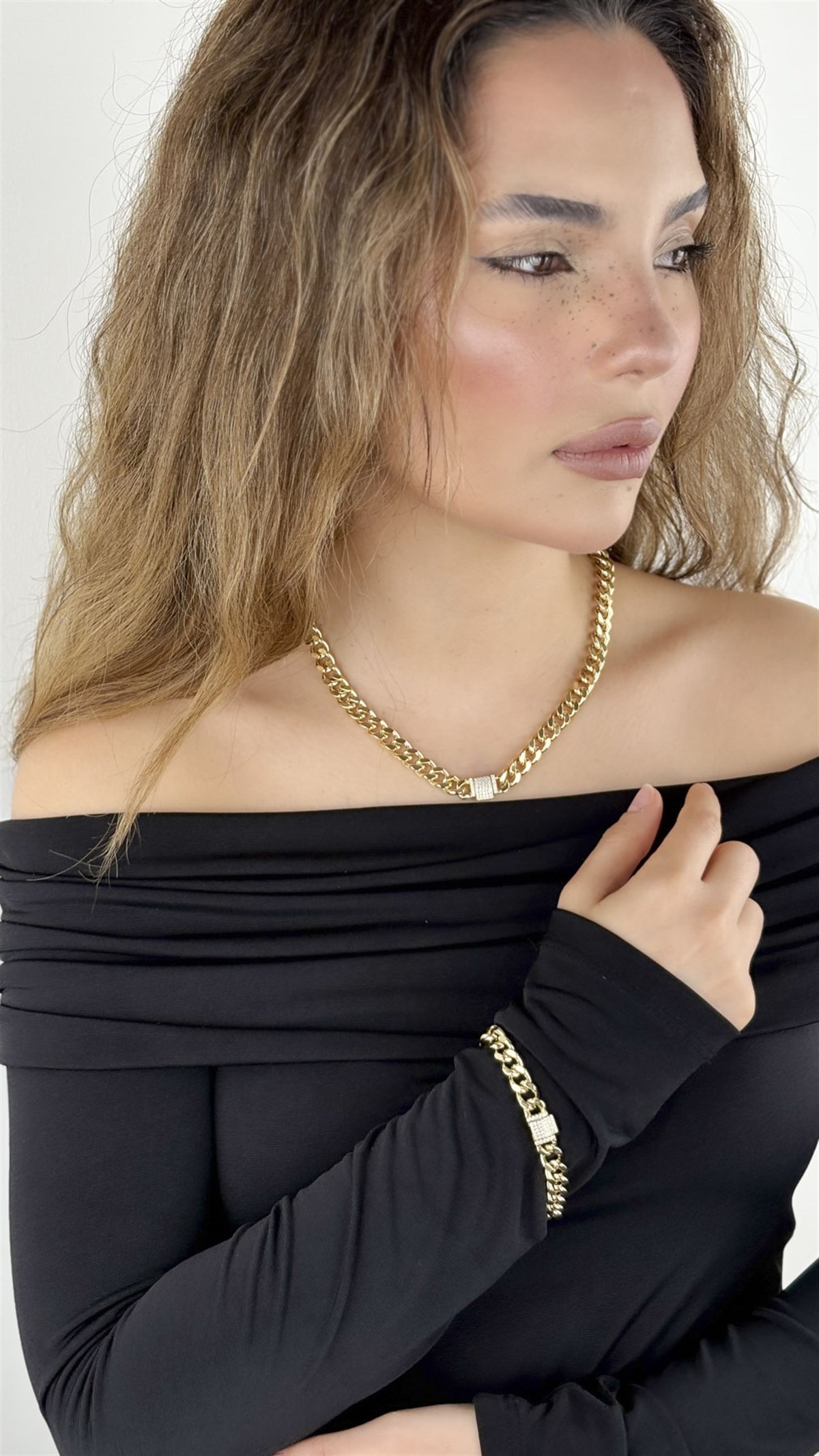 Yassı Zincir Zirkon Taş Detaylı Kolye Bileklik Seti