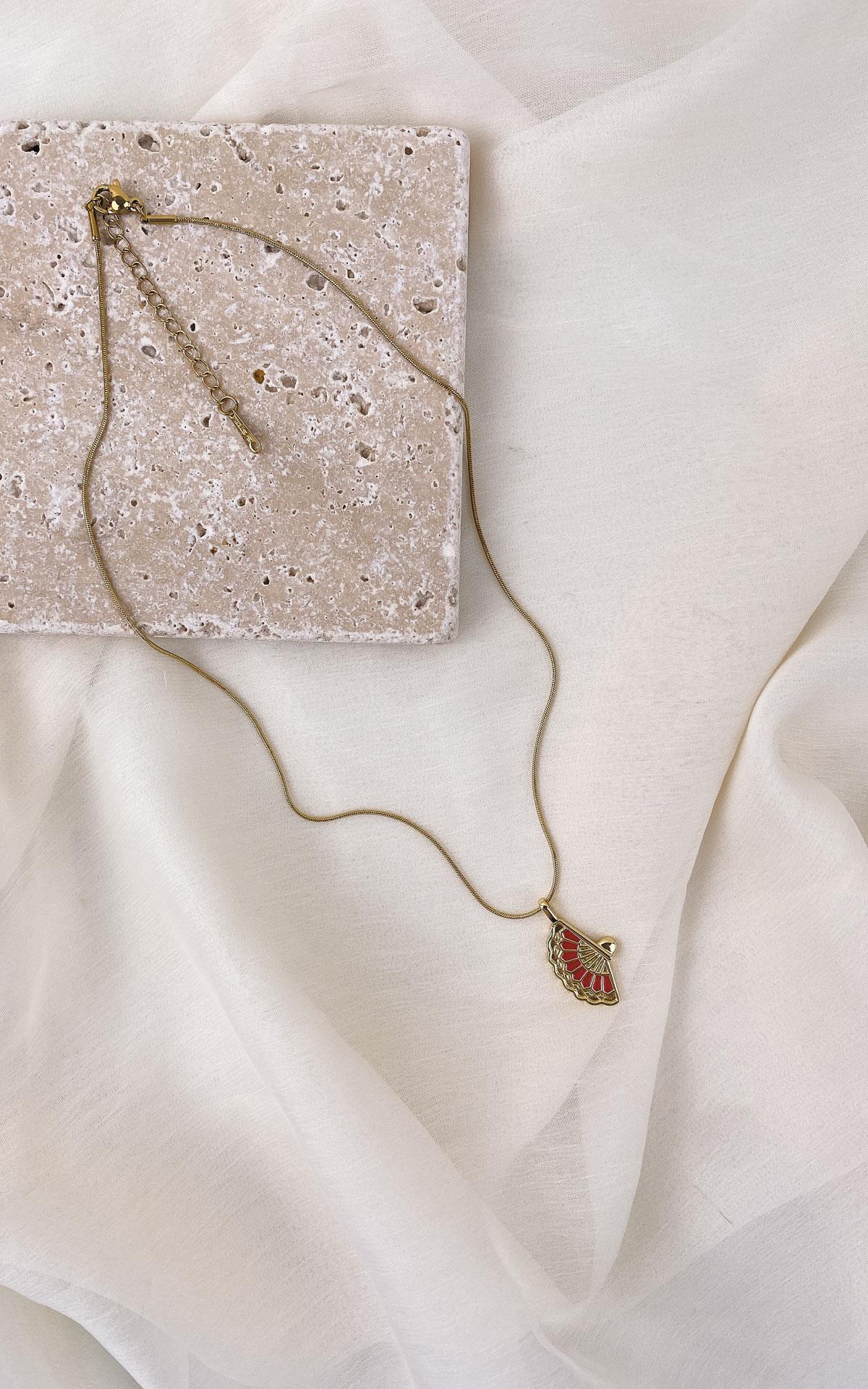 Yelpaze Figürlü Kırmızı Detaylı Gold Çelik Kolye