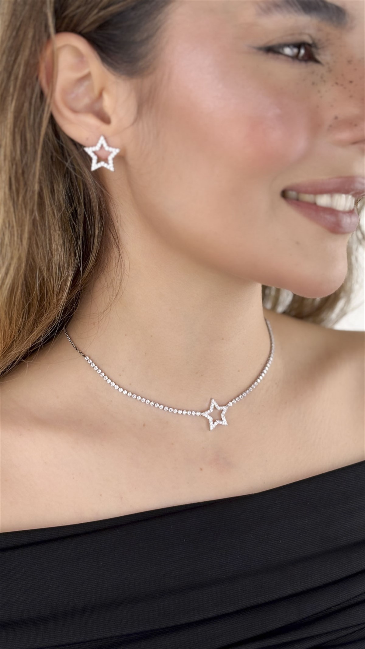 Yıldız Figürlü Su Yolu Asansörlü Kolye Küpe Seti