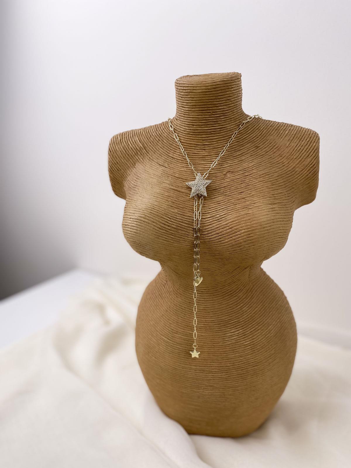 Yıldız Figürlü Taşlı Gold Y Kolye