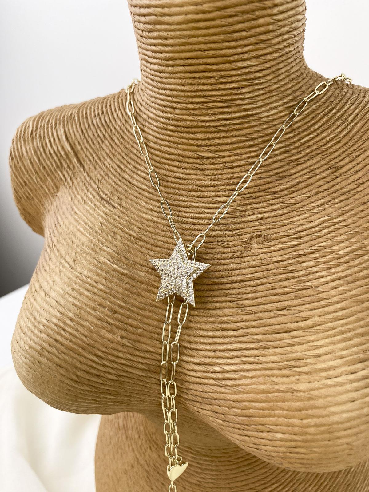 Yıldız Figürlü Taşlı Gold Y Kolye