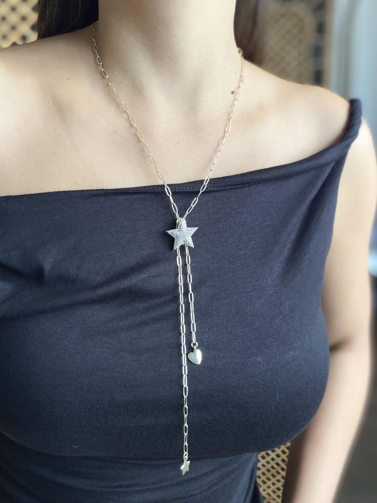 Yıldız Figürlü Taşlı Gold Y Kolye