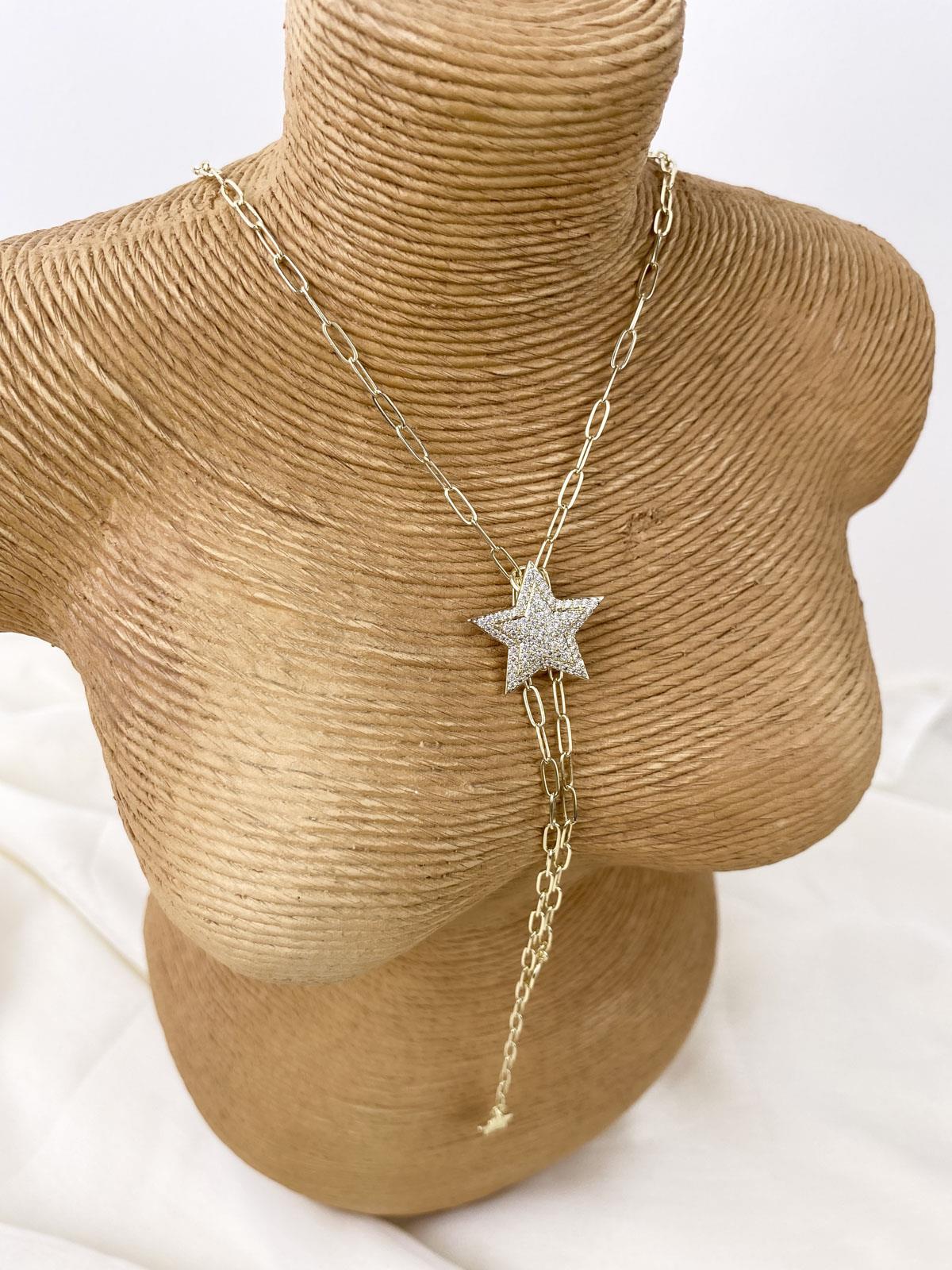 Yıldız Figürlü Taşlı Gold Y Kolye