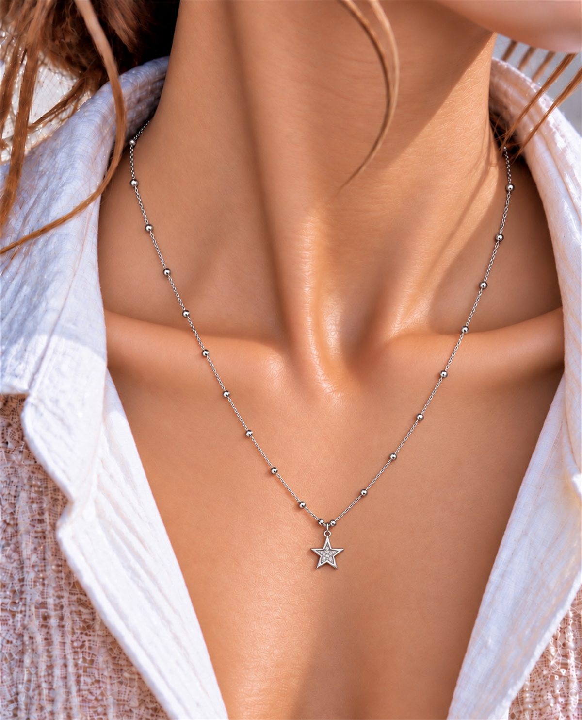 Yıldız Figürlü Topçuk Zincirli Silver Kolye