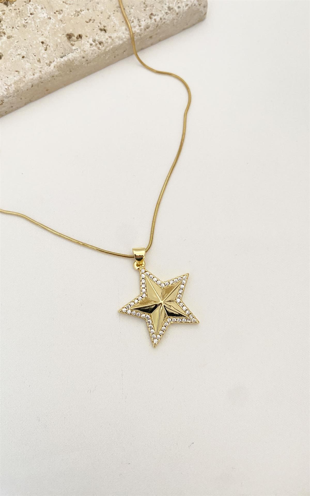 Yıldız Figürlü Zirkon Taşlı Gold Çelik Kolye