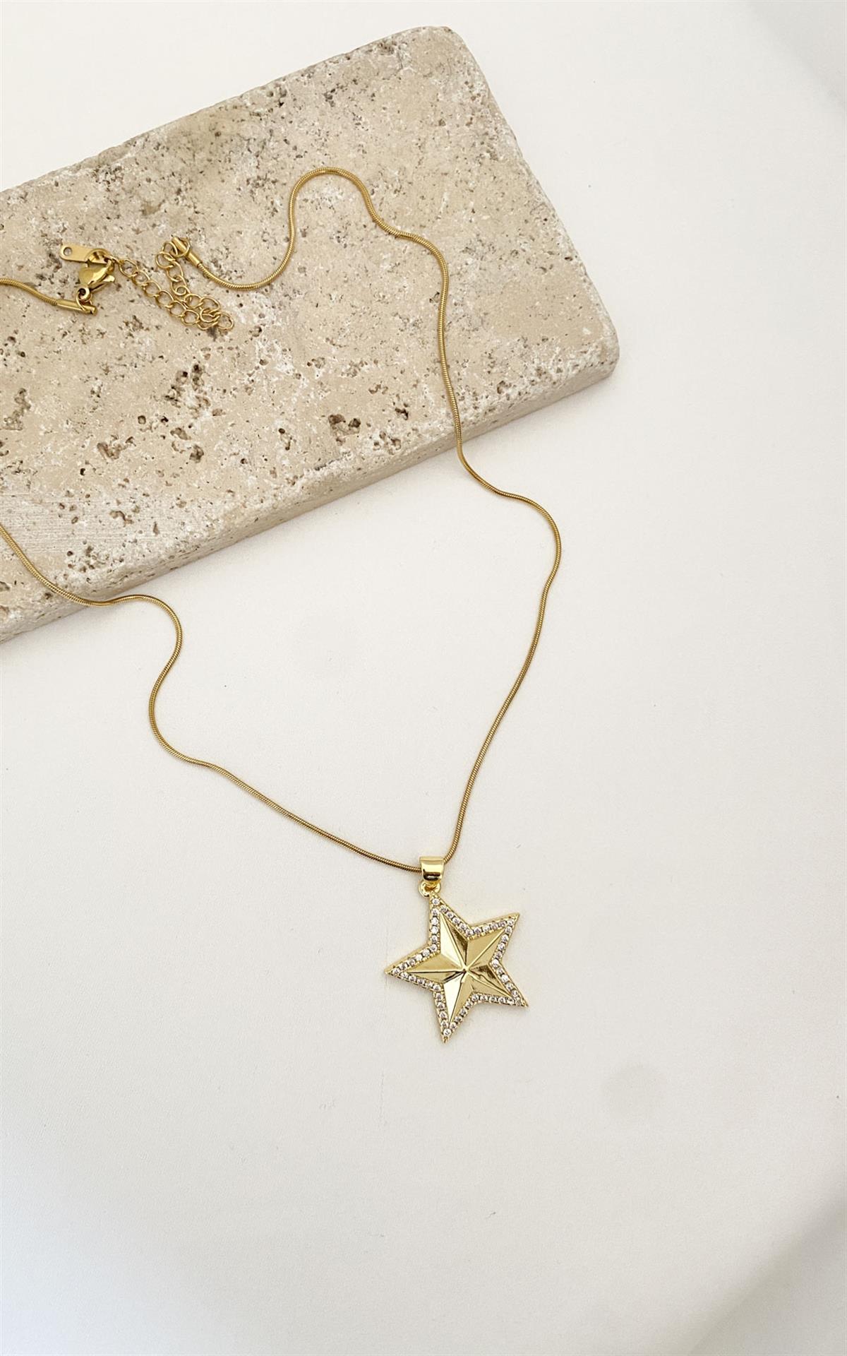 Yıldız Figürlü Zirkon Taşlı Gold Çelik Kolye