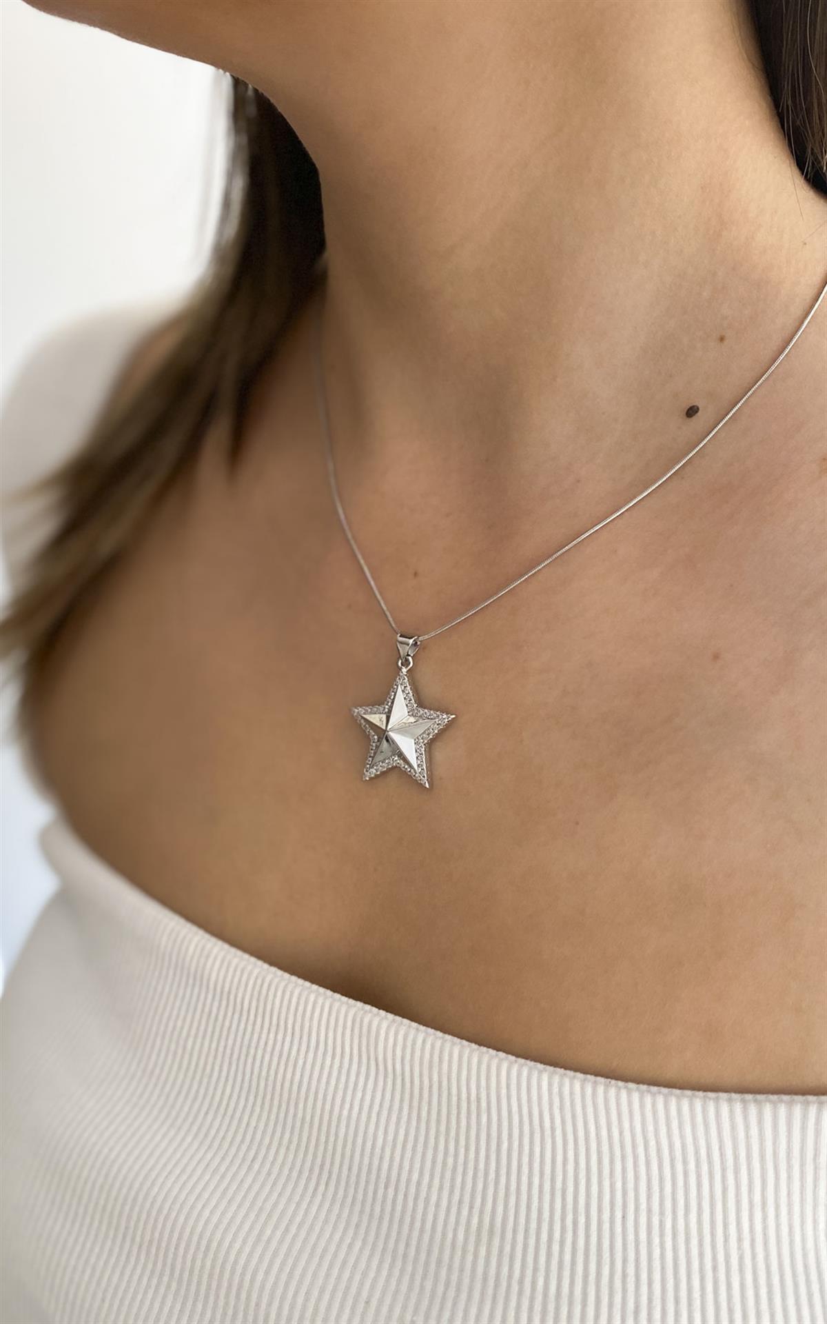 Yıldız Figürlü Zirkon Taşlı Gümüş Çelik Kolye