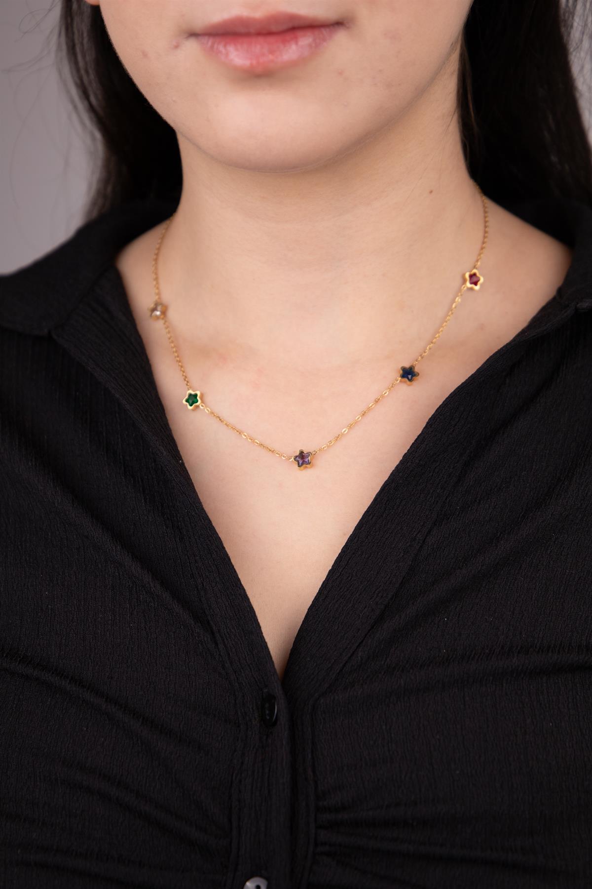 Yıldız Sıralı Gold Çelik Kolye