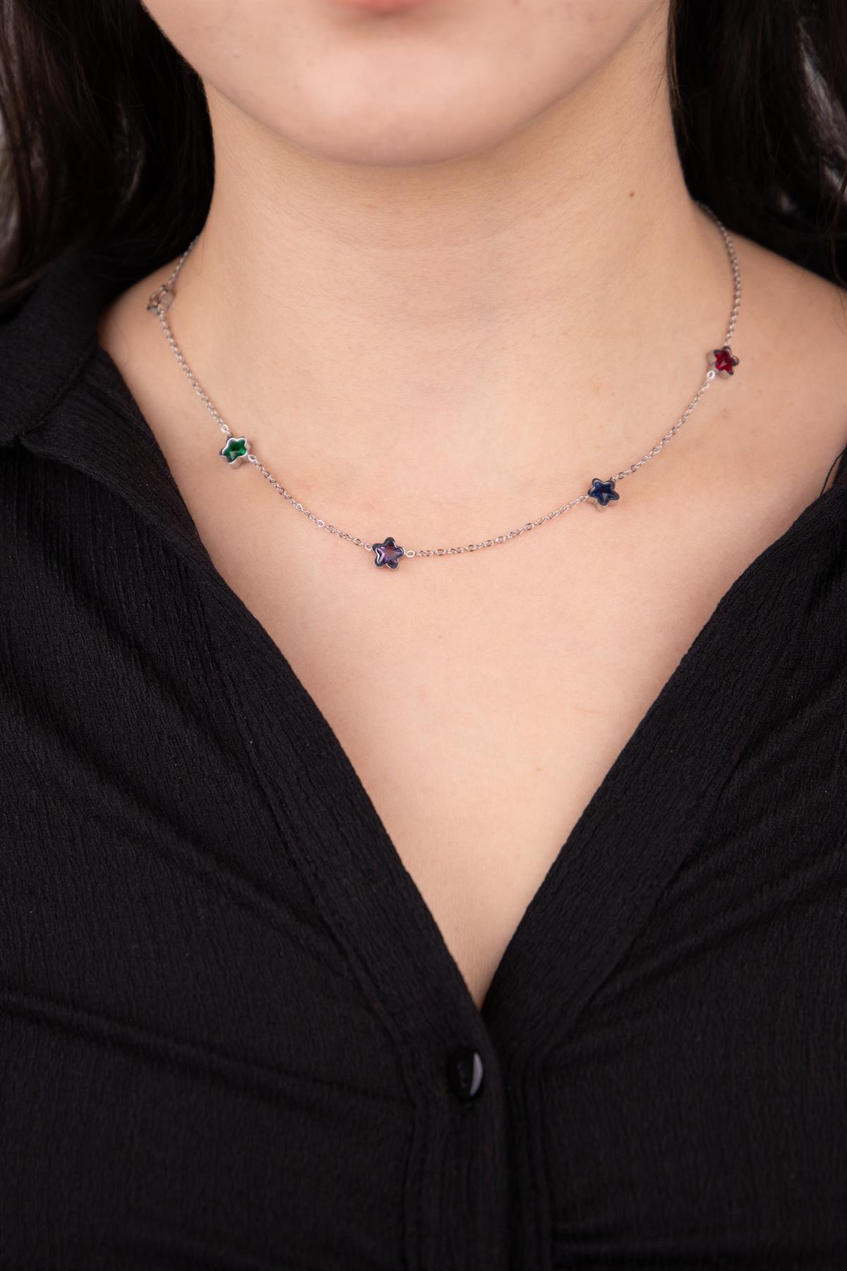 Yıldız Sıralı Gümüş Çelik Kolye