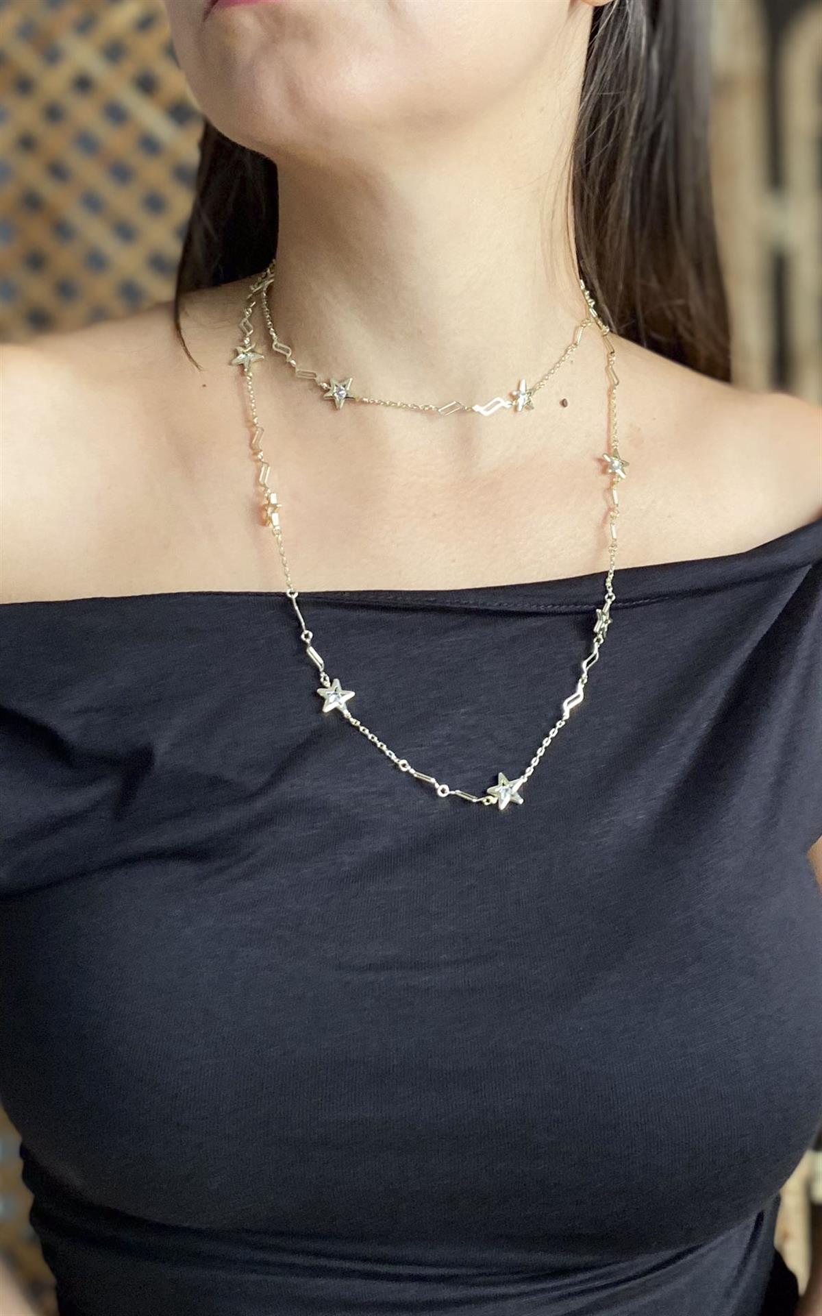 Yıldız Sıralı Taşlı Gold Kolye