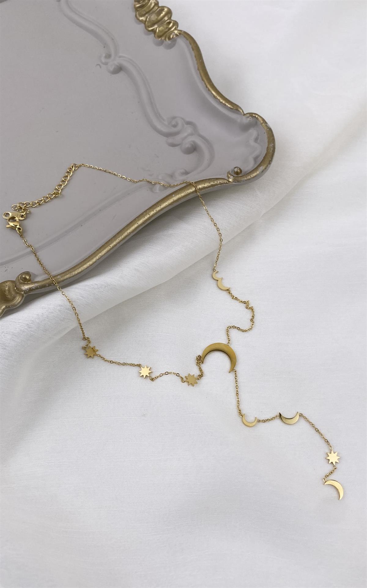 Yıldız ve Hilal Figürlü Gold Çelik Y Kolye