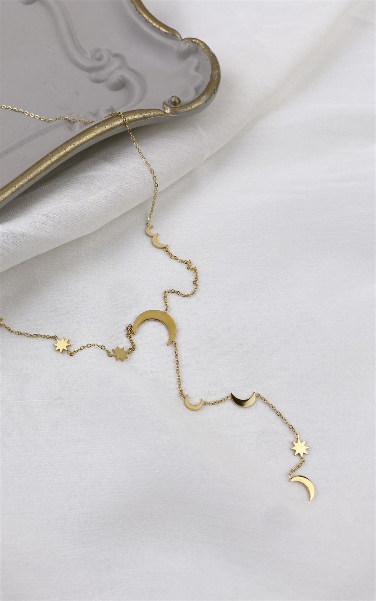 Yıldız ve Hilal Figürlü Gold Çelik Y Kolye