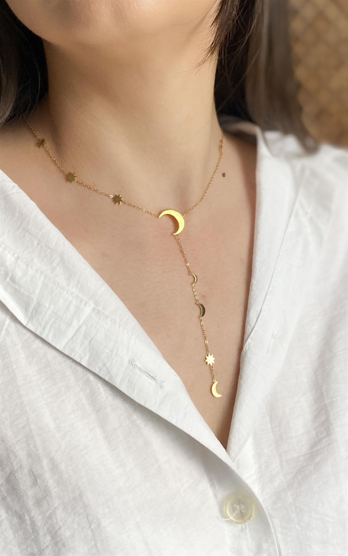 Yıldız ve Hilal Figürlü Gold Çelik Y Kolye