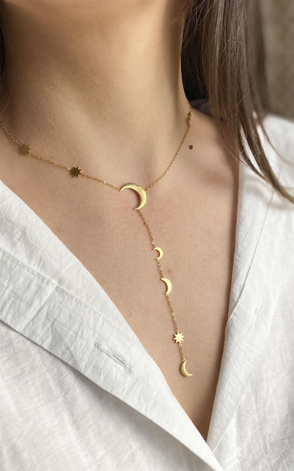 Yıldız ve Hilal Figürlü Gold Çelik Y Kolye