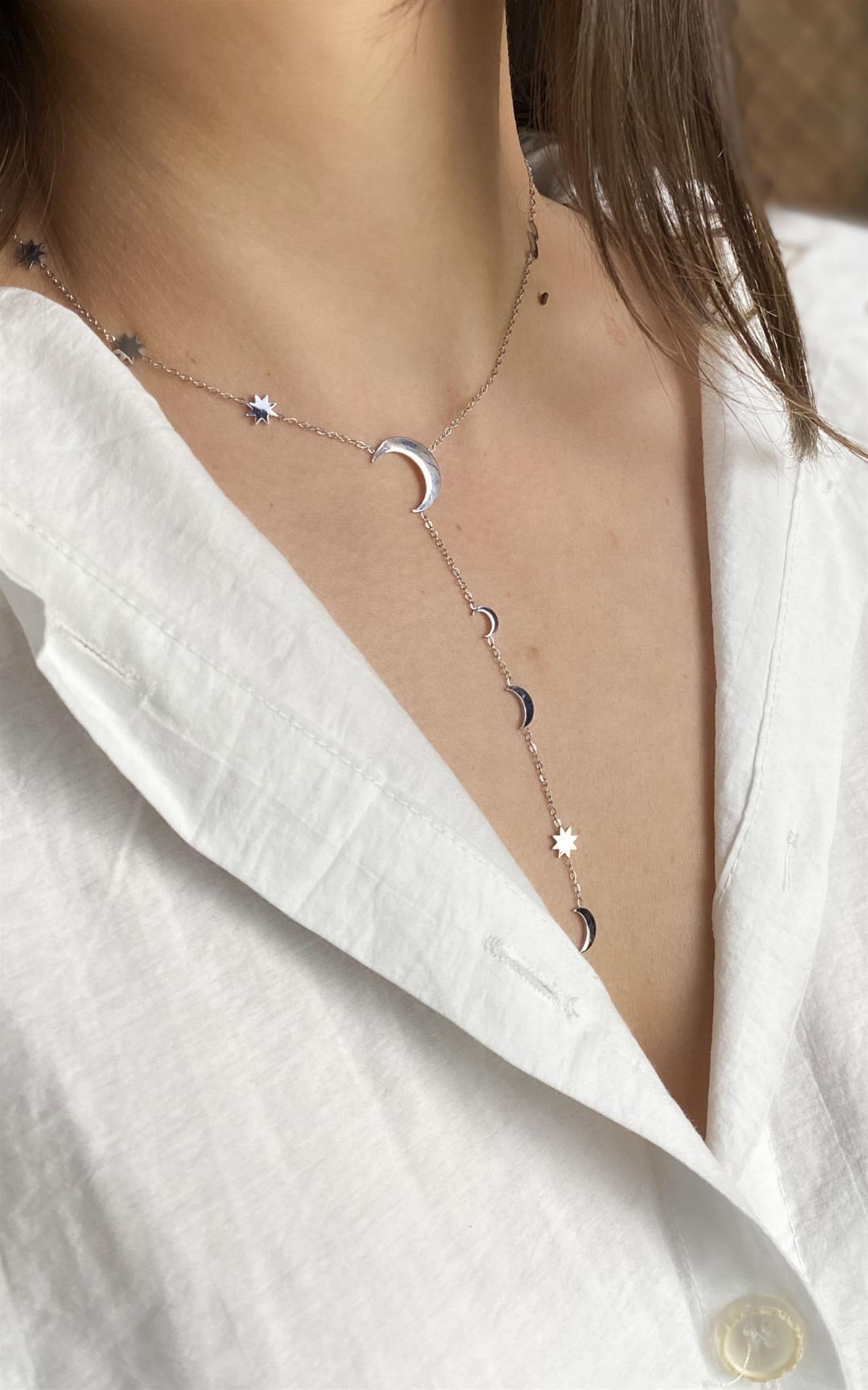 Yıldız ve Hilal Figürlü Gümüş Çelik Y Kolye