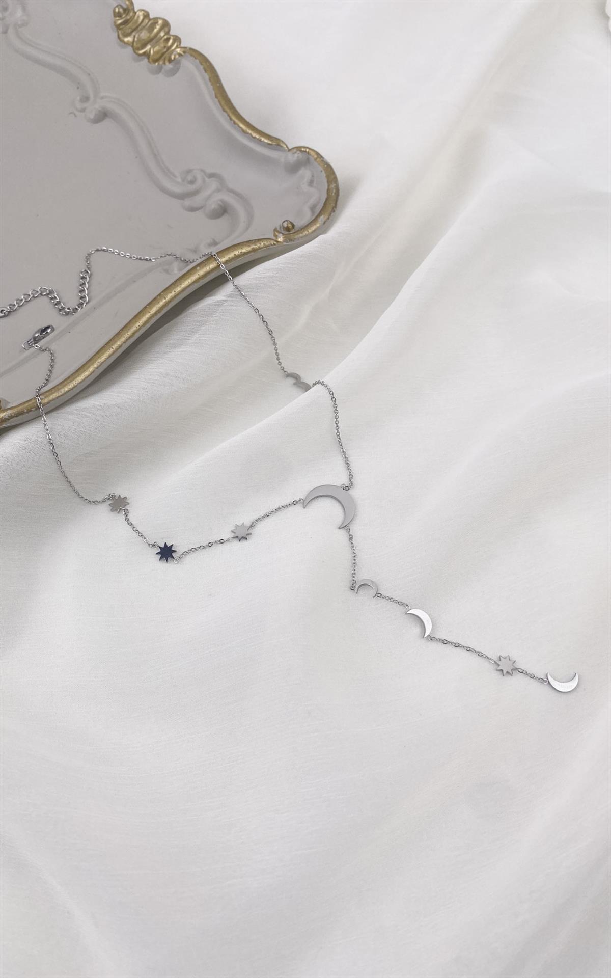 Yıldız ve Hilal Figürlü Gümüş Çelik Y Kolye