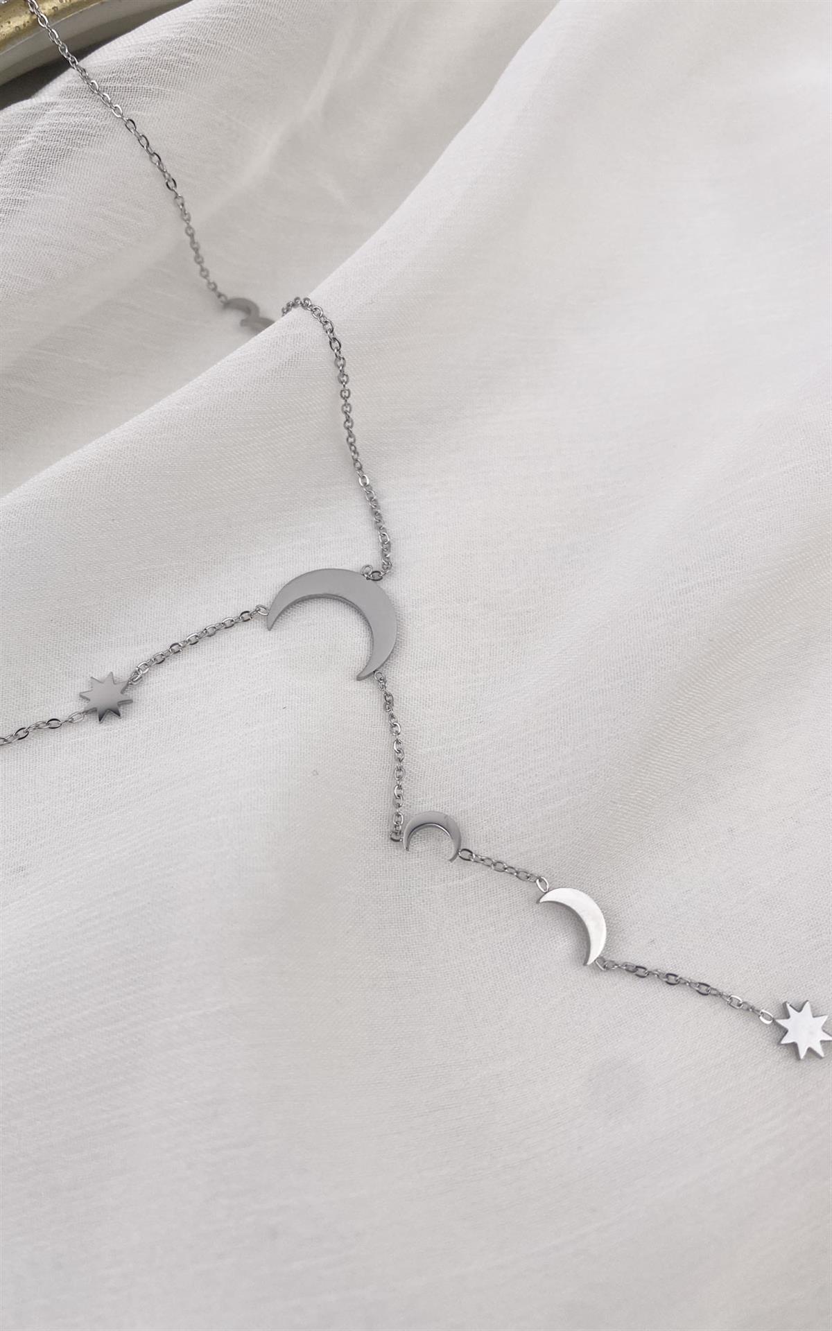 Yıldız ve Hilal Figürlü Gümüş Çelik Y Kolye